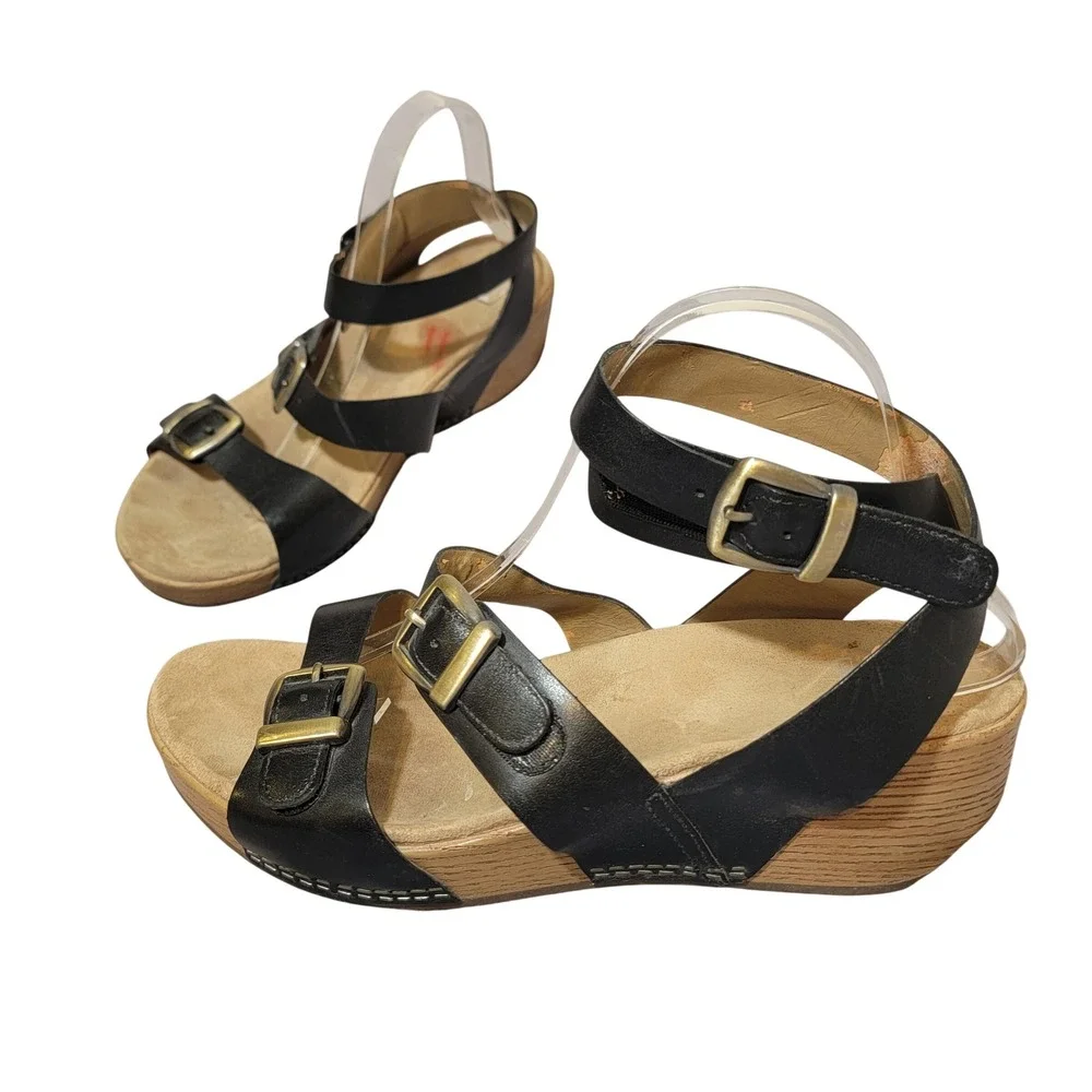 Dansko Lou Black Leather Double Buckle Strap Wedge Sandals Ankle Wrap 41 10.5-11